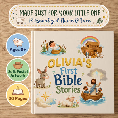 Christian First Bible Book with Name, Personalized Baby Storybook, Baptism Gift for Boy or Girl
