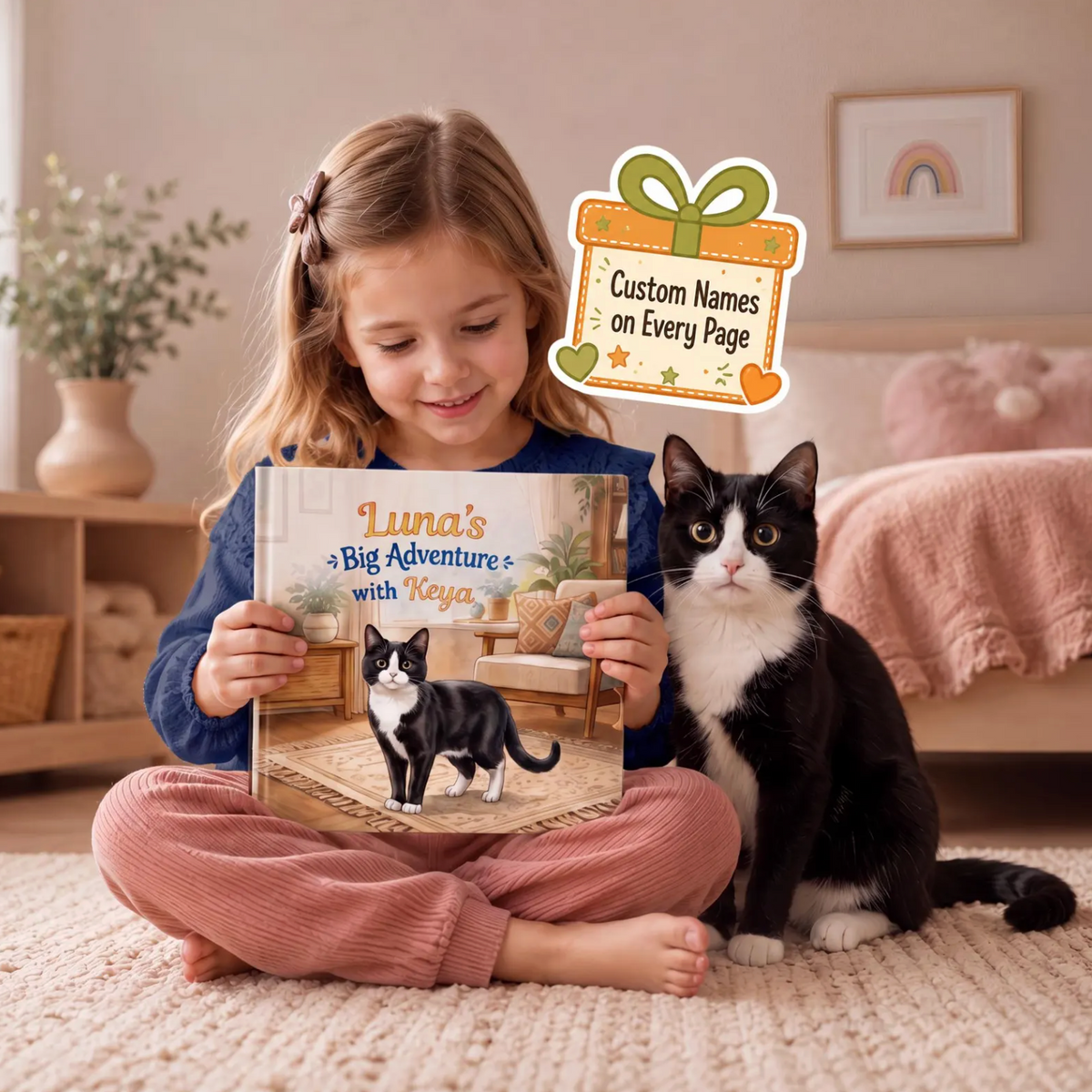 A young girl sits on a beige carpet in a cozy bedroom setting, holding a custom children's book titled 'Luna's Big Adventure with Kaya' next to a black and white cat. A decorative sticker overlay reads 'Custom Names on Every Page'.
